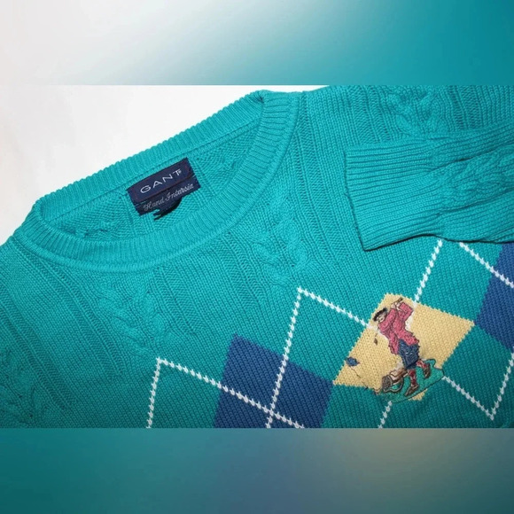 Vintage Gant Cable Knit Argyle Golf Winter Eclectic Grandpa Hipster Sweater XL - Picture 1 of 11